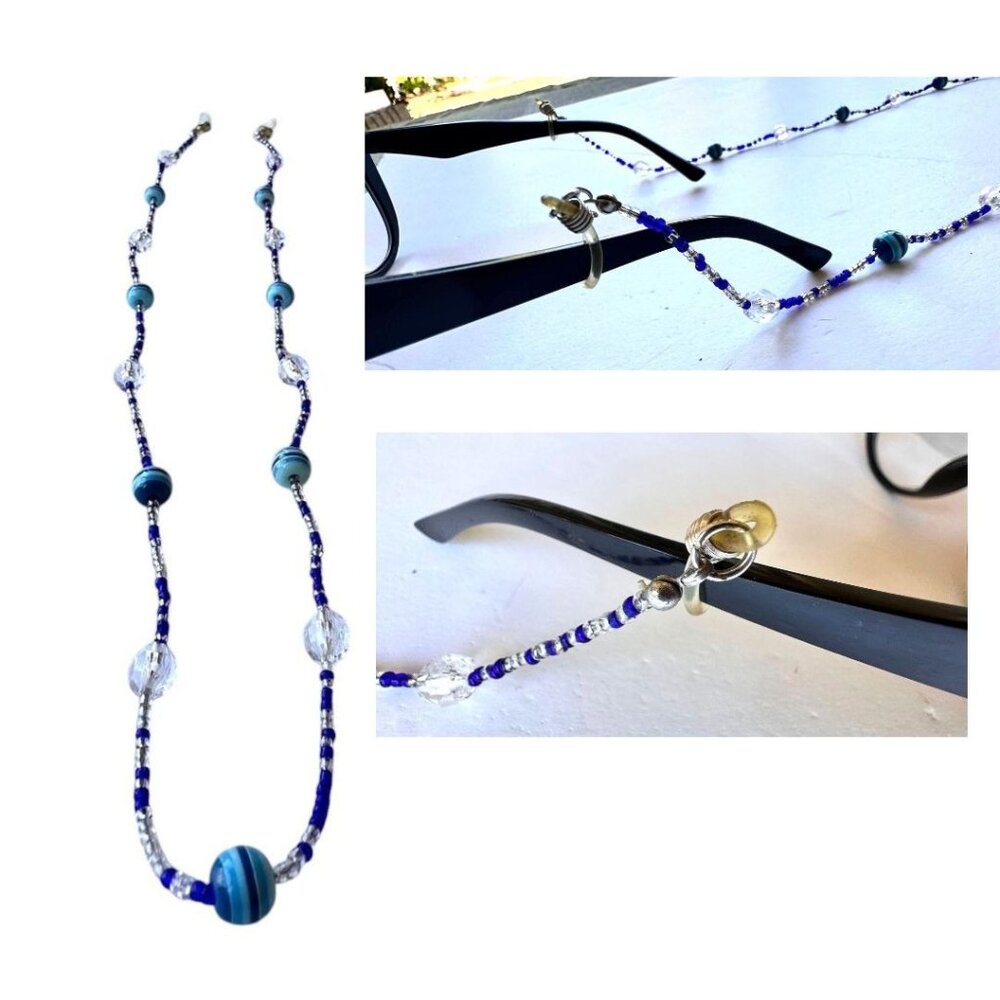 VTG Handmade Blue Beaded Eyeglass Holder Reading Glasses Jewelry New  28 in L